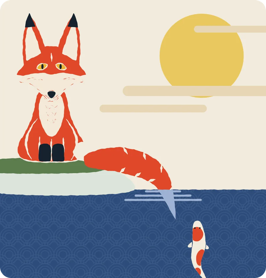 A raposa pescando com a cauda num lago, sob a lua